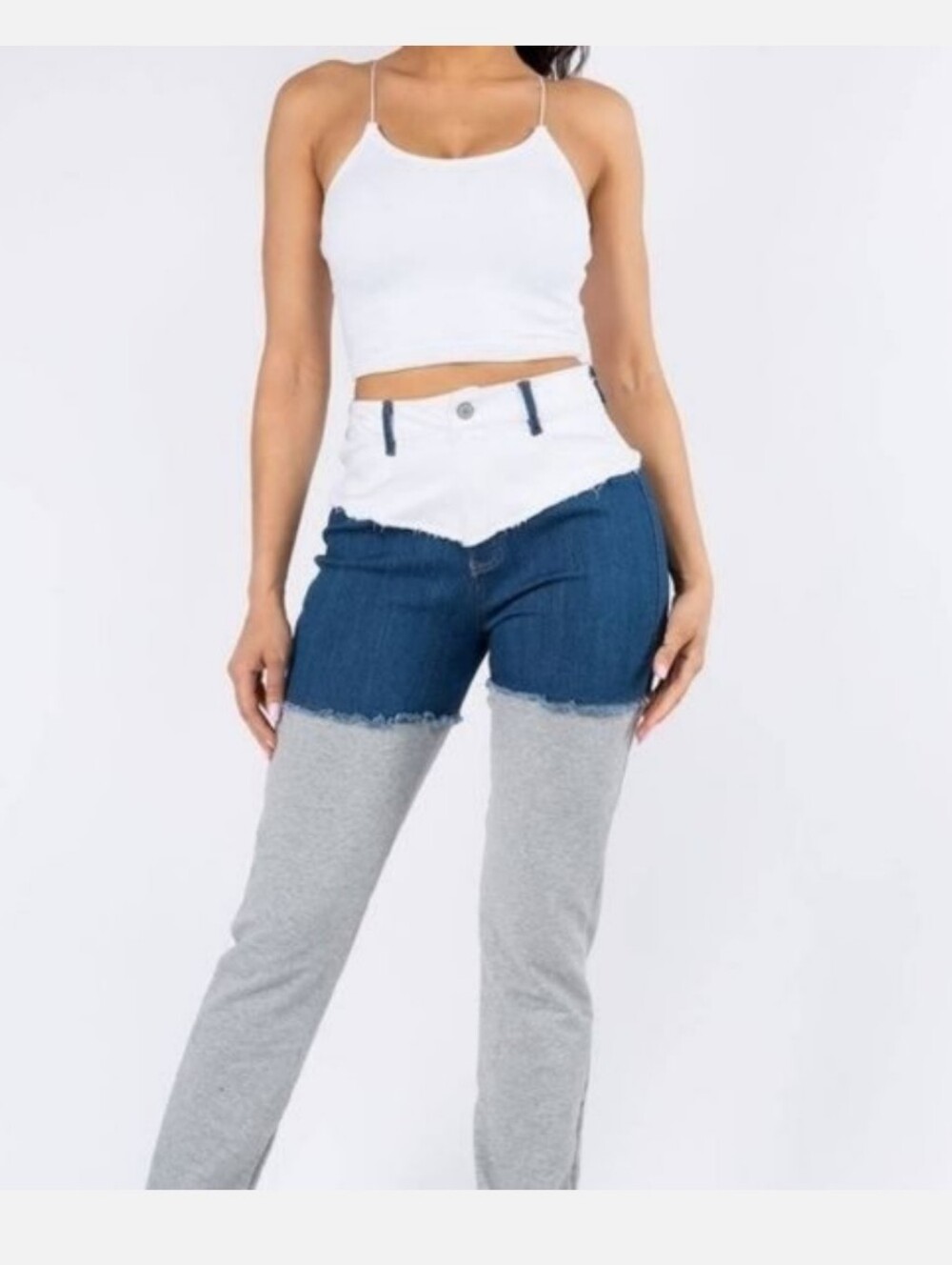 Mixed Media White & Blue Denim Jogger Pants